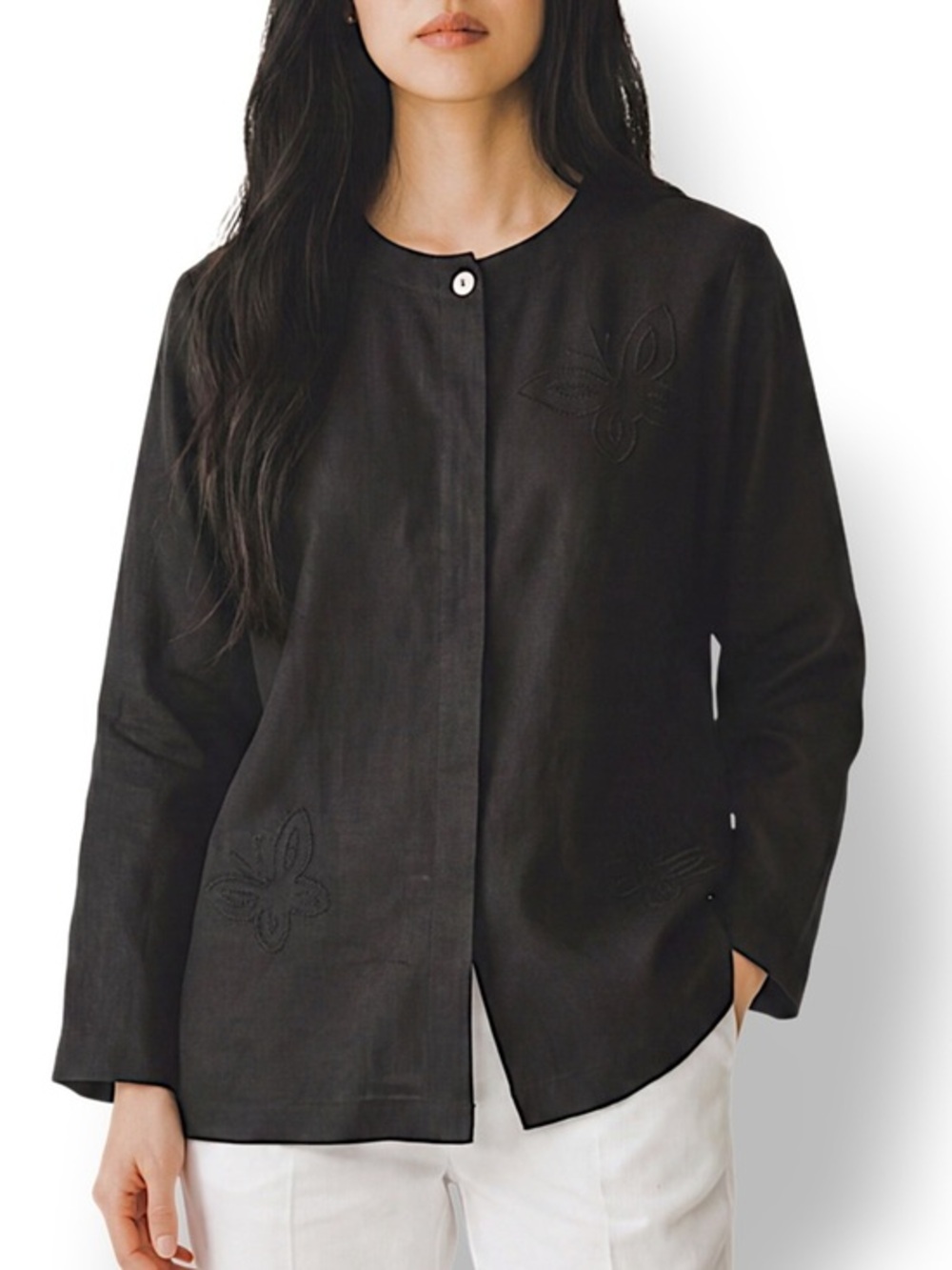 4/$20 Vintage David Dart Linen Black Button Front Butterfly Inset Jacket Top